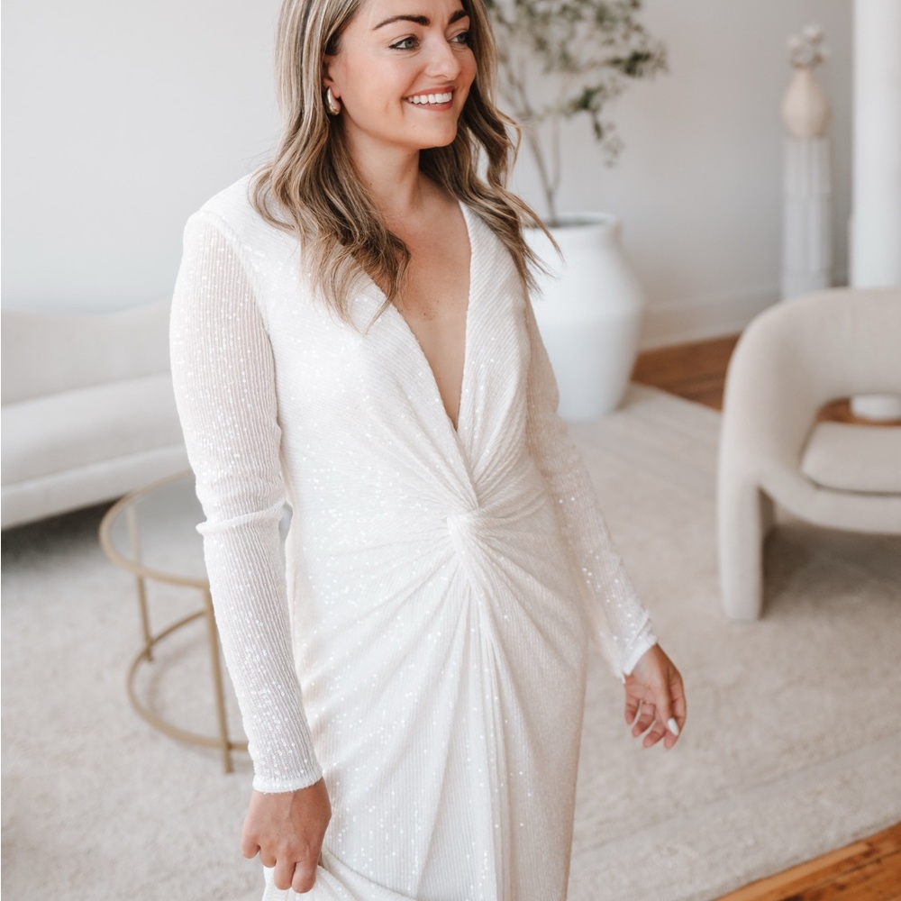 Ieena for MacDuggal White Sequin Long Sleeve Gown - V Neck Twist Maxi Dress